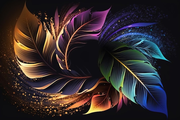 Abstract wind swirls with tropical leaves Abstract dark background