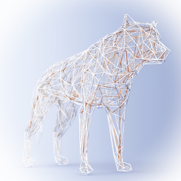 Photo abstract wired low poly wolf or dog on a blue background. 3d rendering