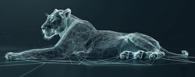 An abstract wireframe design of a lounging lioness composed of polygon technology and detailed with