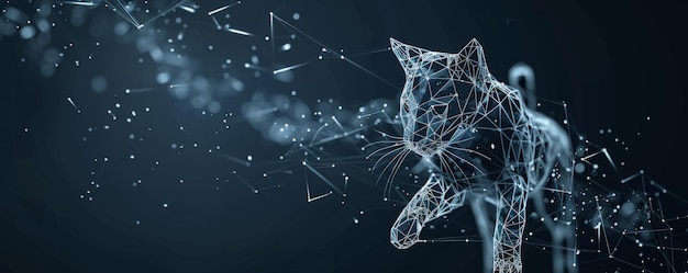 An abstract wireframe design of a playful cat with polygon technology and connecting lines and