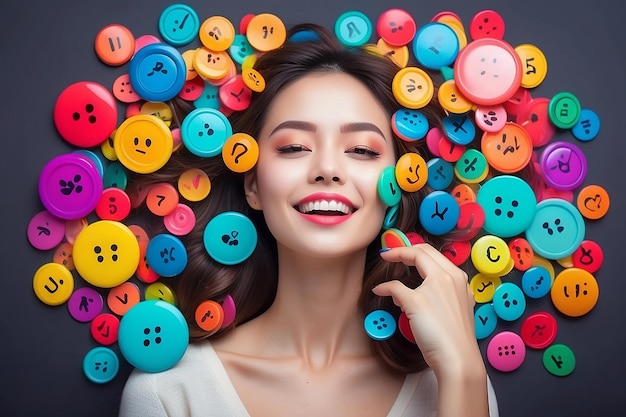 Abstract woman pressing modern colorful emotion buttons love concept and soft focus