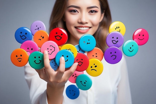 Abstract woman pressing modern colorful emotion buttons love concept and soft focus