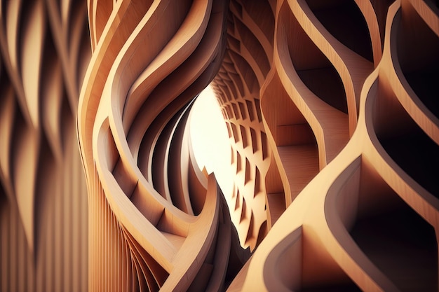 Abstract of wooden pattern twisted shape architecture facade details Generation AI