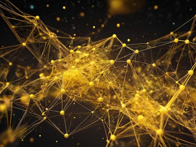 abstract yellow mesh background chaotically connected points and polygons flying Made by AI