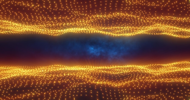 Photo abstract yellow orange gold energy waves from particles above and below the screen