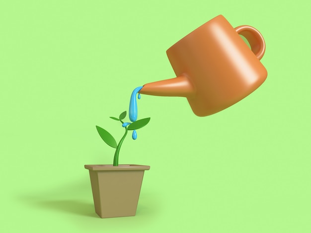 abstract young plant watering green background cartoon style 3d rendering