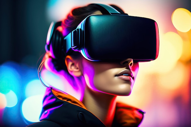 Abstract young woman nonexistent person interacting with virtual reality wearing modern virtual r