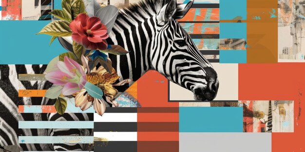 Photo abstract zebra collage with colorful geometric shapes and floral elements