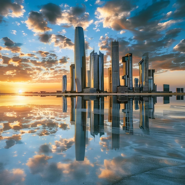 Photo abu dhabi skyline and etihad towers in sunset time with reflection united arab emirates