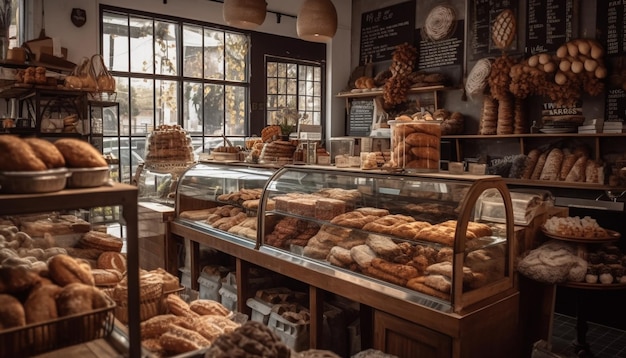 Abundance of fresh baked bread in gourmet store generated by AI