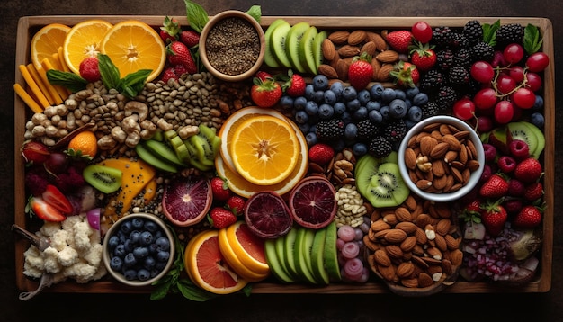 Abundance of fresh berry fruit on wooden table generated by AI