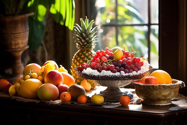 Abundance of fresh fruits and delicious dishes on a festive dining table