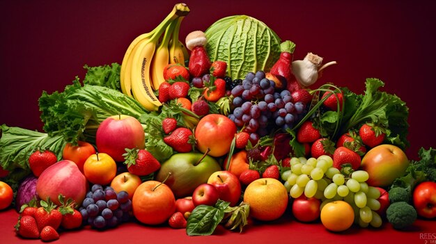 Abundance of Fruits and Vegetables on a Vibrant Red Surface A Generative AI Masterpiece