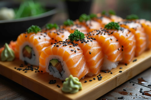 Abundance of sushi on wooden board