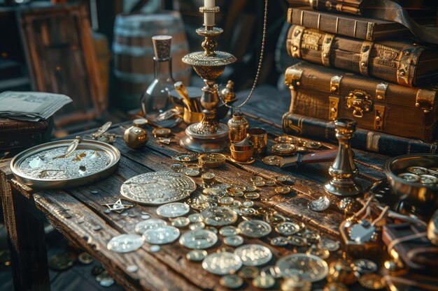 Photo abundance of wealth on old wooden table