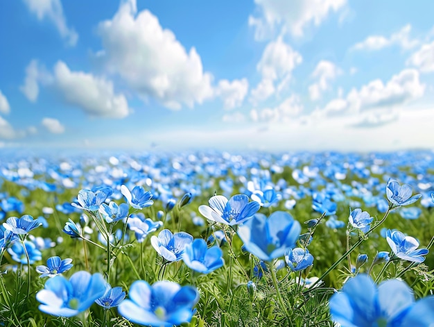 Abundant display of Nemophila flowers in full bloom during springtime covering a vast field with their delicate blue petals under a clear sky