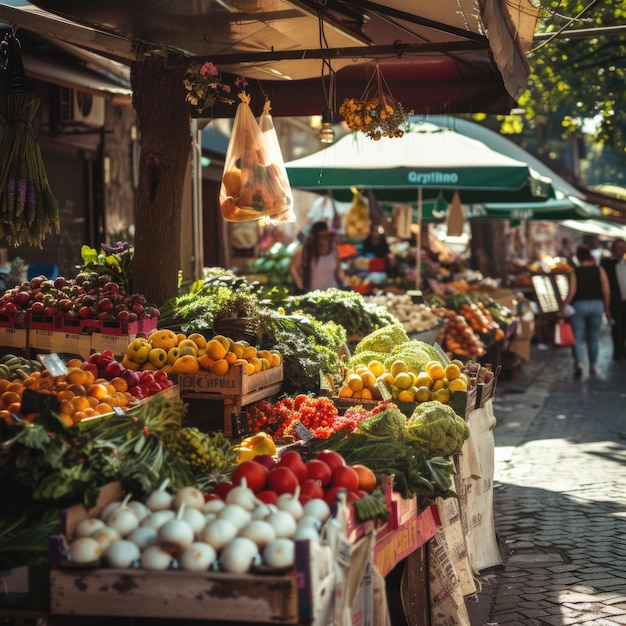 Abundant fresh produce at an outdoor market stall on a sunny day