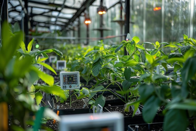 Photo abundant green plants in a greenhouse technological sensors monitoring temperature and humidity levels for optimal growth