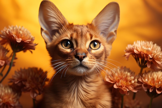 Abyssinian breed cat on orange natural background