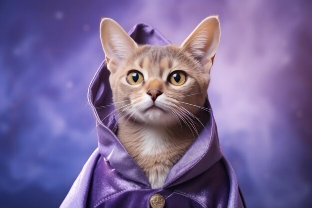 Abyssinian Cat Dressed As A Wizard On Lavender Color Background