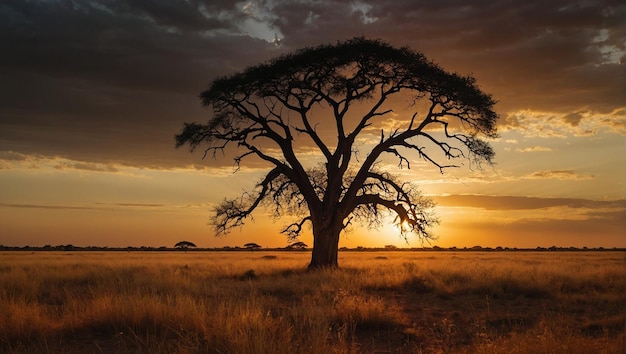 Acacia Tree in the middle of a field of Africa wallpaper