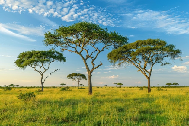 Acacia trees on African savanna at sunset