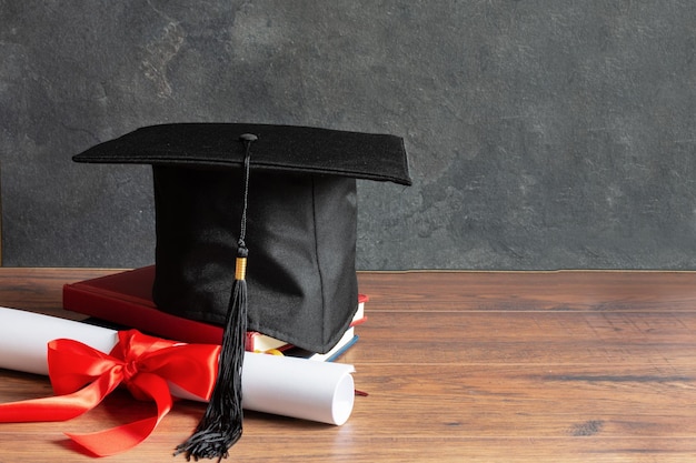 Academic cap and graduation diploma scroll and tied with red ribbon