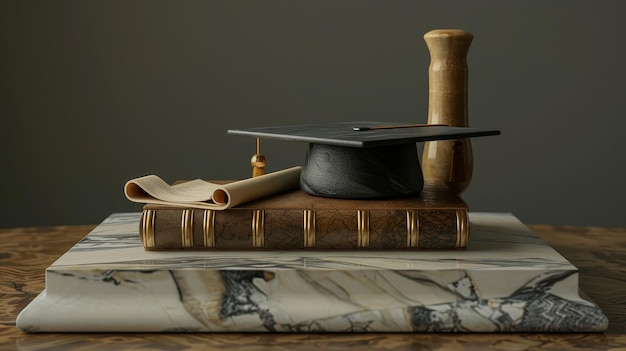 Photo academic excellence trophy shaped like a book resting on a marble base beside a graduation cap and scroll