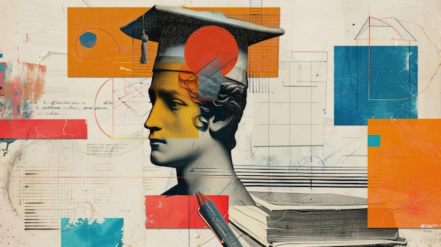 Photo academic success concept art with graduation cap and classical sculpture