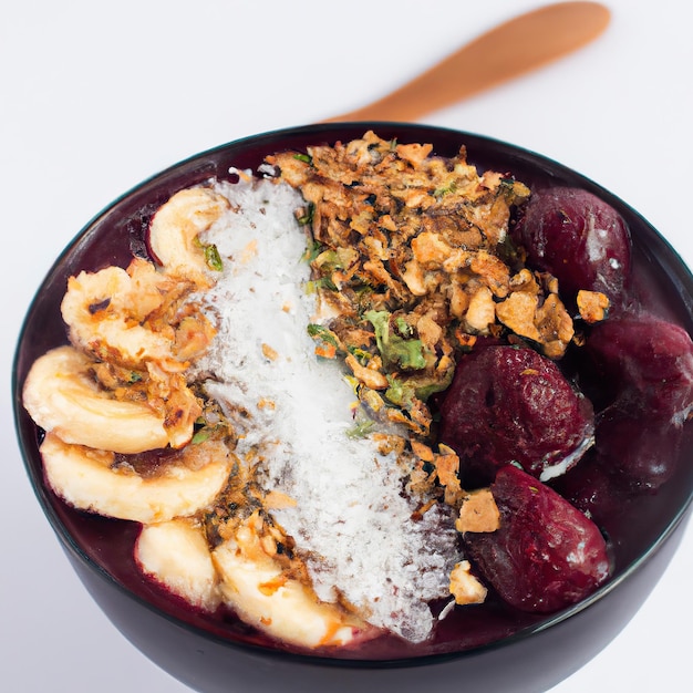 Acai bowl with granola tropical fruits banana raspberry condensed milk and cereal Close up 3D representation