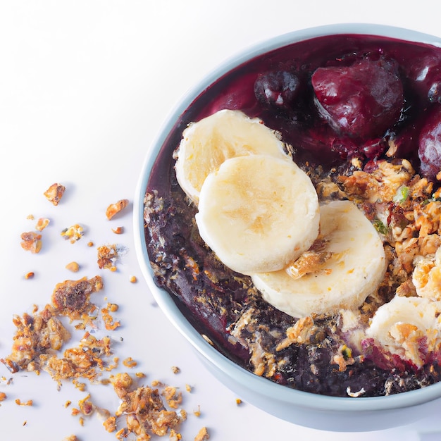 Acai bowl with granola tropical fruits banana raspberry condensed milk and cereal Close up 3D representation