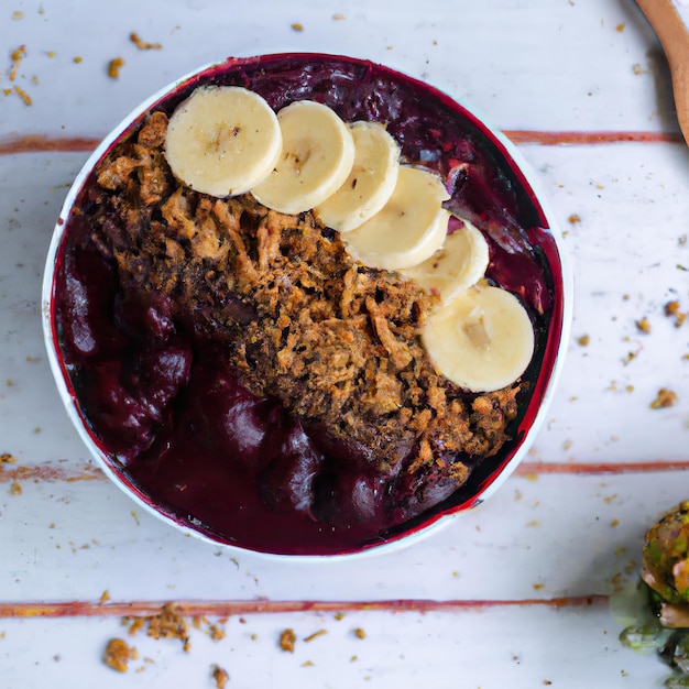 Acai bowl with granola tropical fruits banana raspberry condensed milk and cereal Close up 3D representation