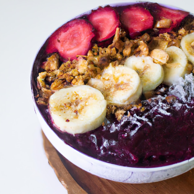 Acai bowl with granola tropical fruits banana raspberry condensed milk and cereal Close up 3D representation