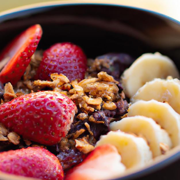 Acai bowl with granola tropical fruits banana raspberry condensed milk and cereal Close up 3D representation