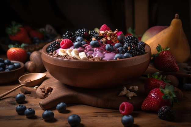 Acai smoothie bowl with lots of fruits and berries generative ai