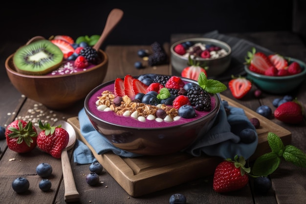 Acai smoothie bowl with lots of fruits and berries generative ai