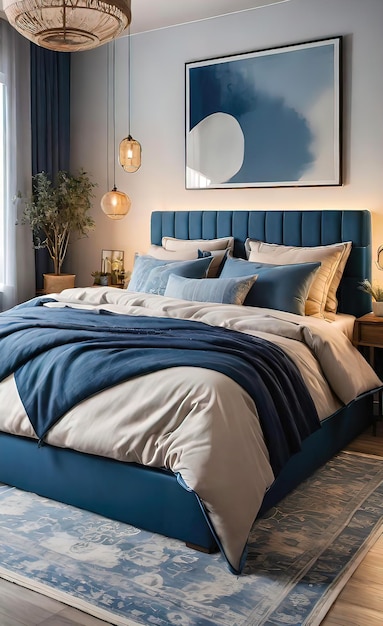 Accent Bed with blue and beige bedding Boho farmhouse interior design of modern bedroom