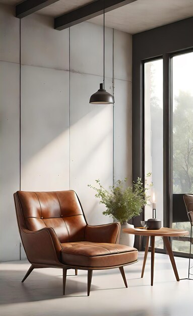 An accent chair against a white wall with a fireplace Loft interior design of a modern living room