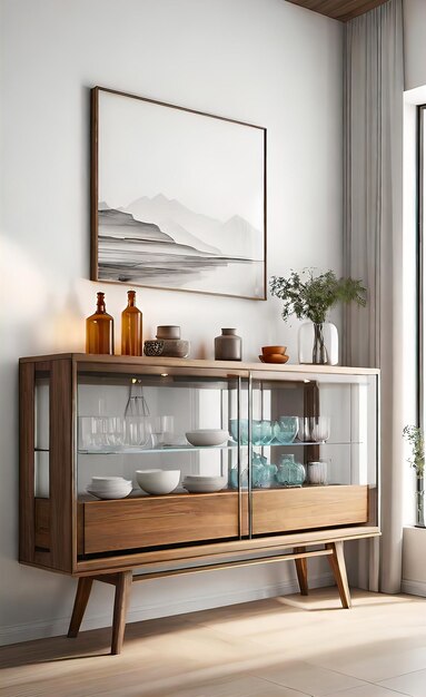 Accent modern wooden buffet with decorative items in room with empty white wall minimalist interior