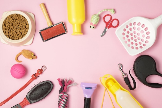 Photo accessories for animals on a pink background. leash, water bottle, toys, hairbrush, food in a bowl. place for your text.