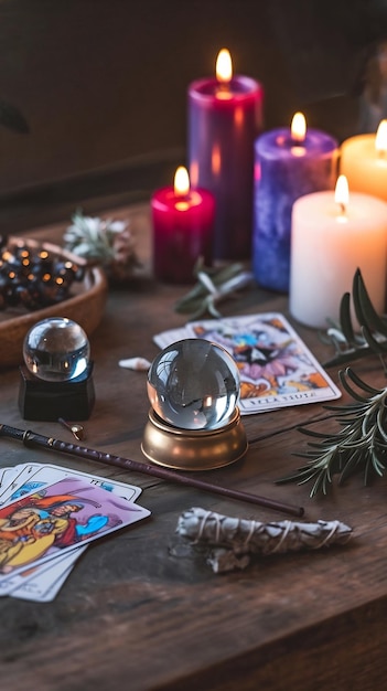 Accessories and candles for fortune telling on the table selective focus