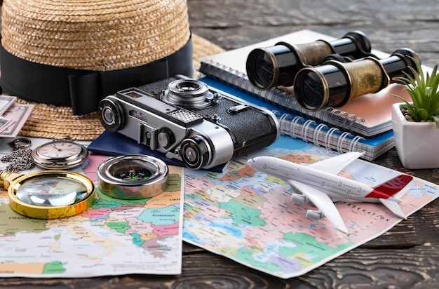 Accessories and items for traveling on the table in composition