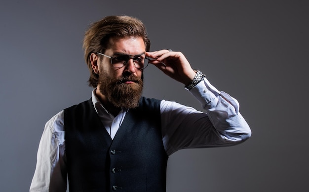 Accessory for him brutal businessman with perfect beard and moustache real boss in vest mature bearded man confidence and charisma handsome man wear office suit male beauty and fashion