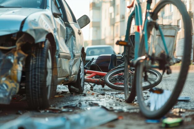 Photo accident car crash with bicycle on road