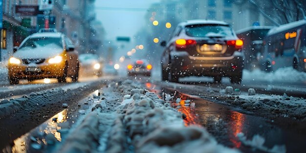 Photo accidents caused by dangerous icy snowstorms and poor road conditions in the city concept winter driving hazards slippery roads snowstorm safety traffic collision prevention