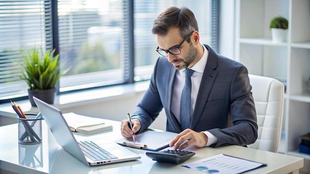 Photo accountant calculating tax at desk