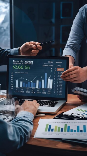 Photo accountants working on financial statement on computer screen in office