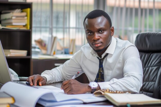 Accounting Manager African Businessman in Casual Attire Working at Desk