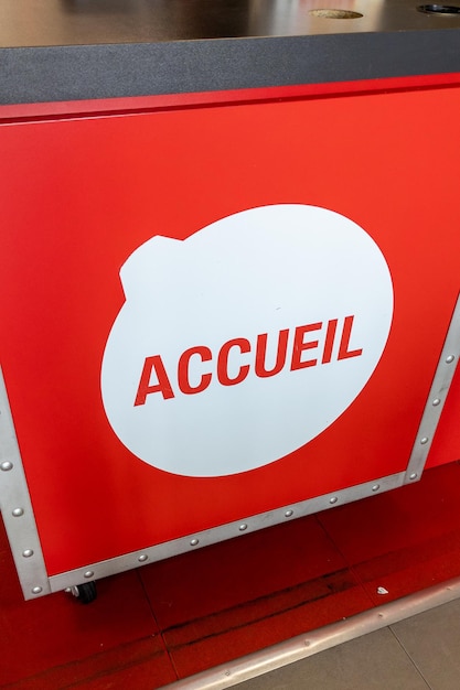 Accueil in french text panel means welcome entry reception sign in interior market shop supermarket