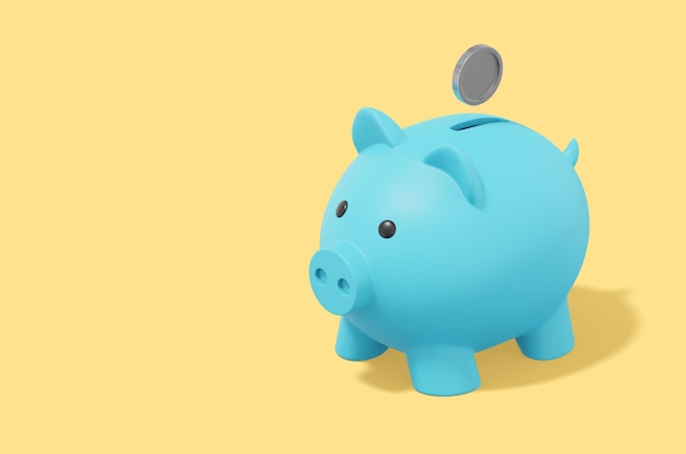 Accumulation of savings icon Banner space for text 3D rendering Blue piggy bank with falling coins on yellow background